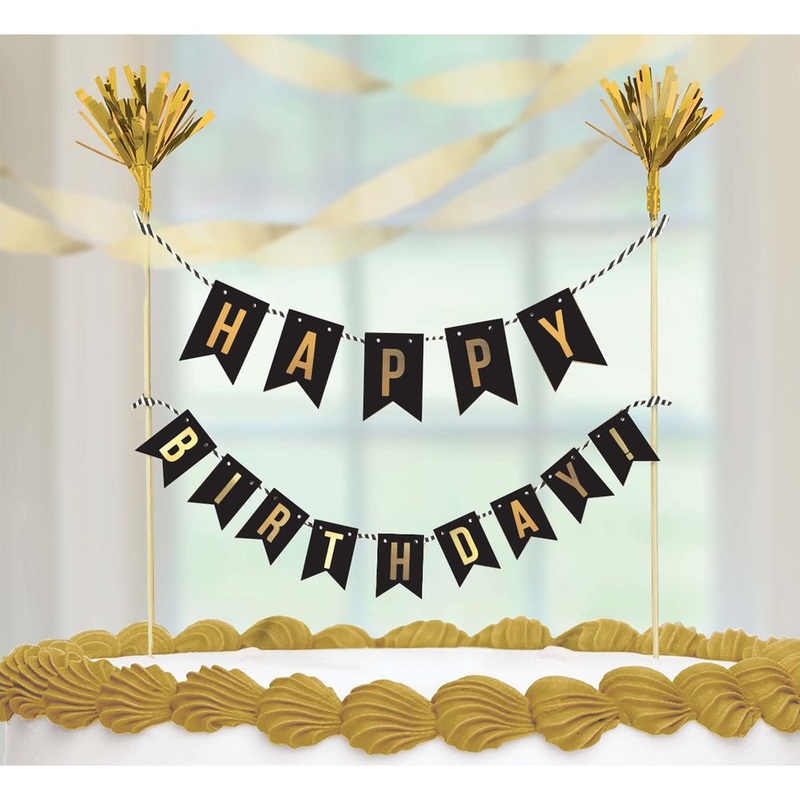 Happy Birthday Black & Gold Pennant Cake Topper