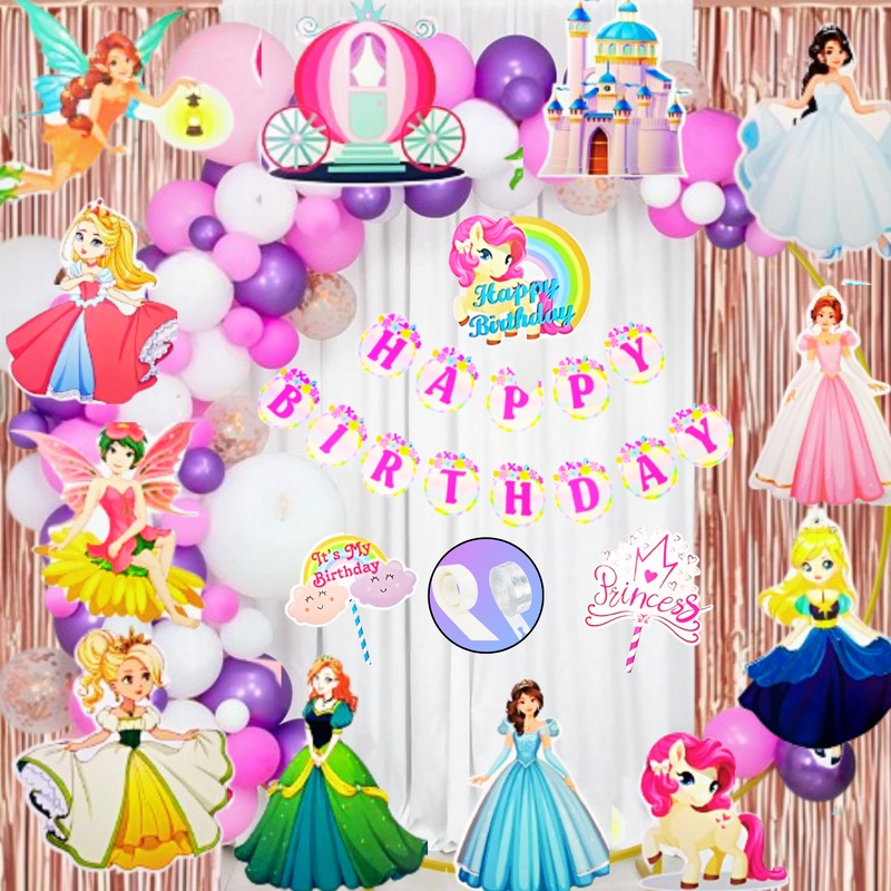 Set of 71 Princess Theme Birthday Decoration for Girls Balloon Garland Kit Princess Cutouts Princess Cake Topper 1st Birthday Princess Party Decoration for Girls