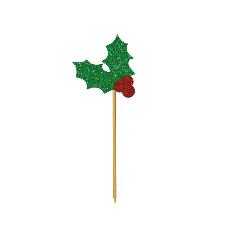 Glitter Holly Cake Toppers 12pk