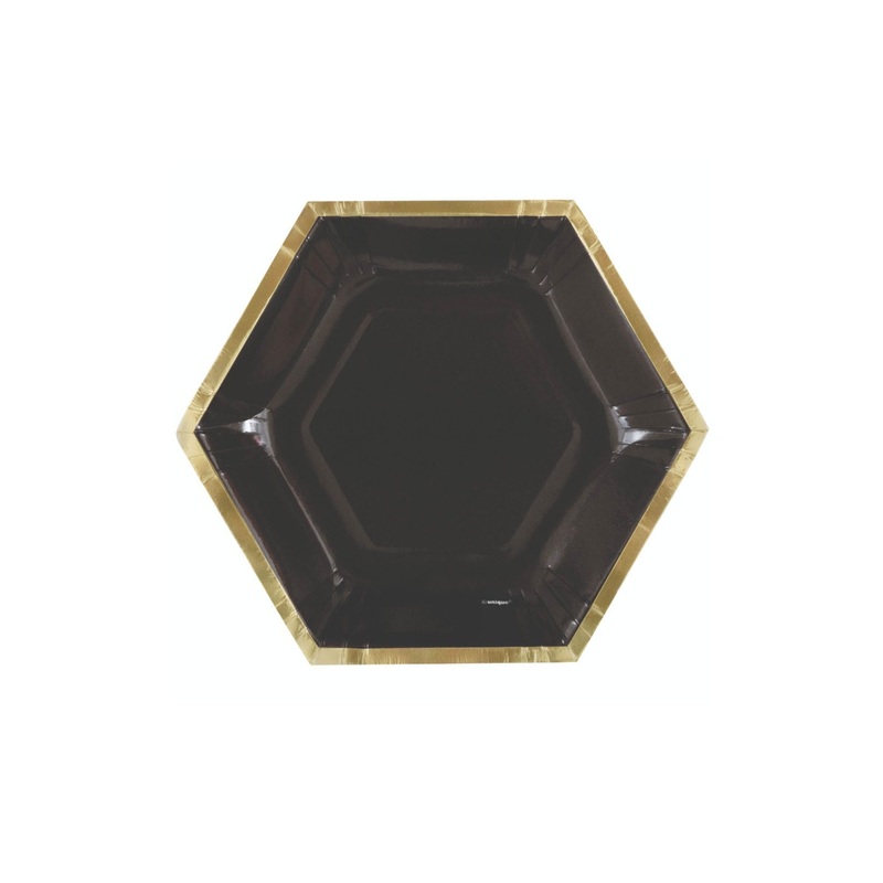 Black & Gold Hexagon Paper Cake Plates 8ct