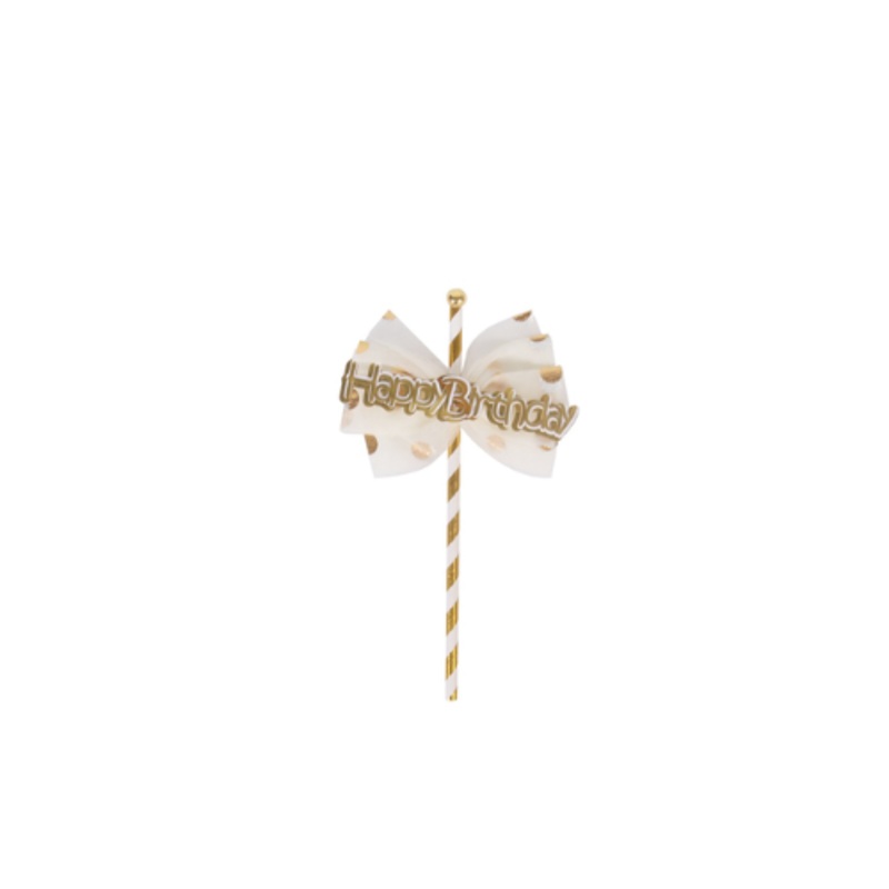 Golden Happy Birthday Letter With Polka Doted Ribbon Bow Cake Topper (Pack of 1)