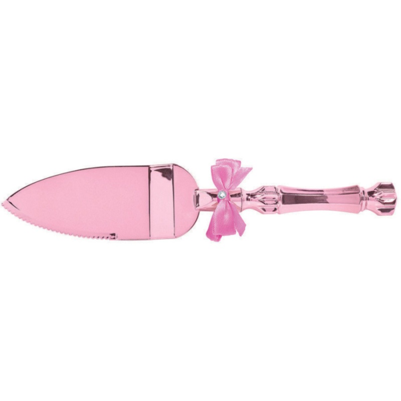 PARTY CUTLERY Cake Server Electroplated Plastic with Bow & Gem Pink (25cm)