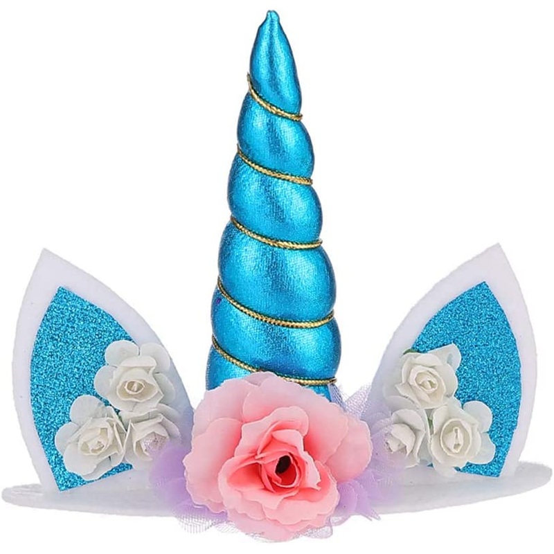 Unicorn Ear- Flowers Cake Topper (Blue) (Pack of 1)