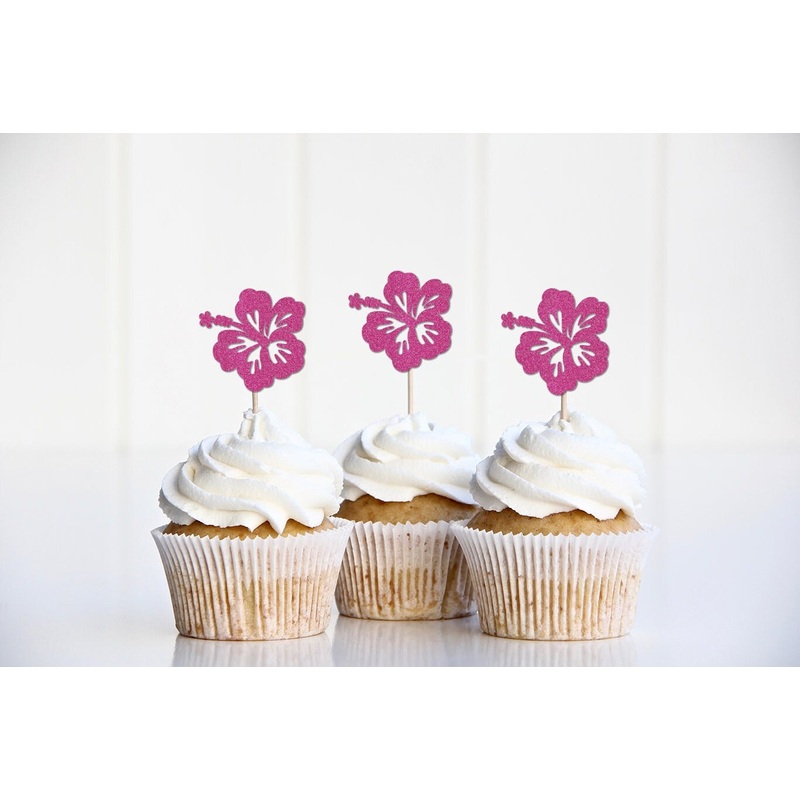 Tropical Hibiscus Flower Glitter Paper Cupcake Toppers