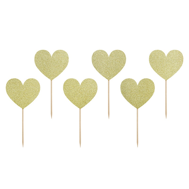 Gold Heart Cupcake Toppers, 6pcs