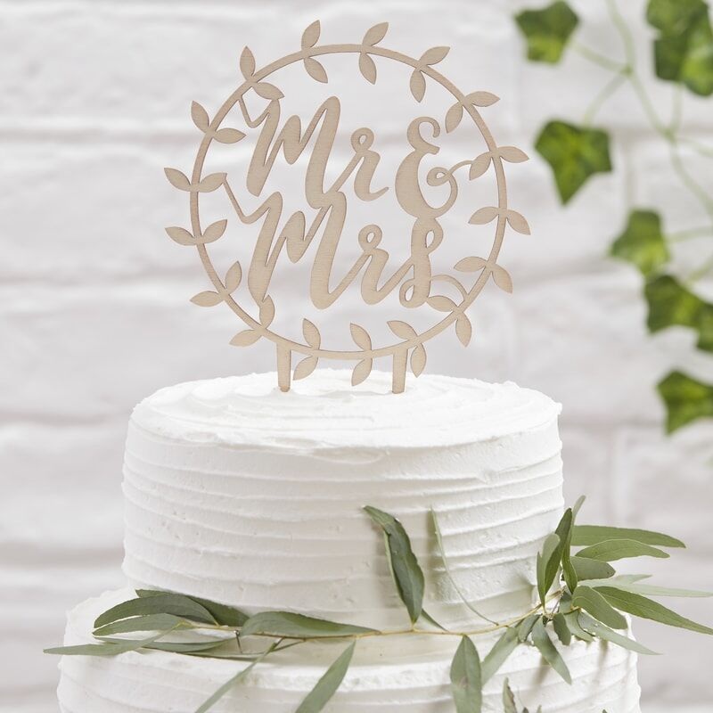WOODEN MR & MRS SCRIPT CAKE TOPPER - BEAUTIFUL BOTANICS