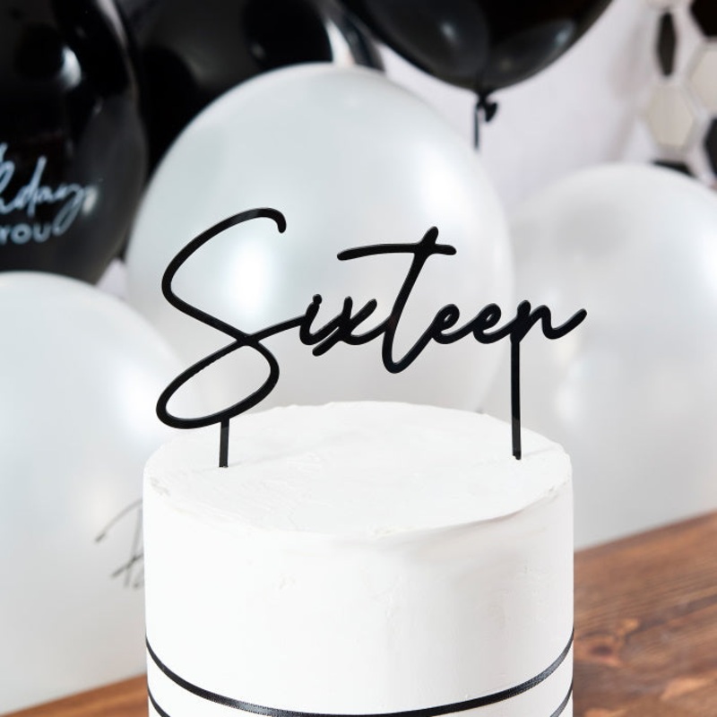 Black 'Sixteen' Acrylic Cake Topper 18cm