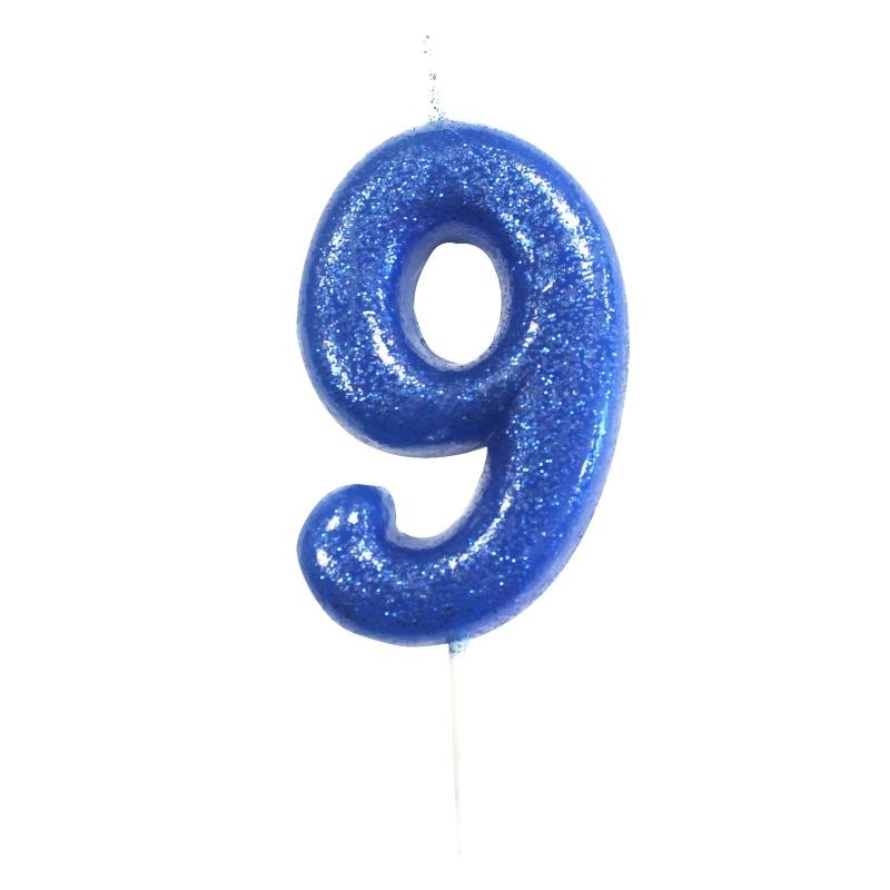 Blue Glitter Number 9 Birthday Cake Candle