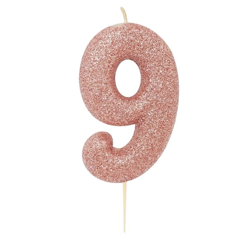 Rose Gold Glitter 9 Birthday Cake Candle