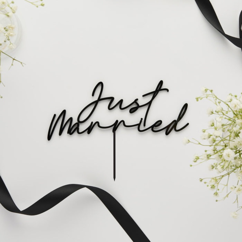 Black 'Just Married' Acrylic Wedding Cake Topper 16cm