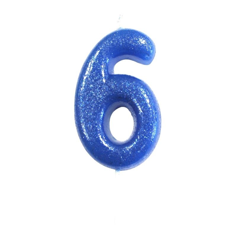 Blue Glitter Number 6 Birthday Cake Candle