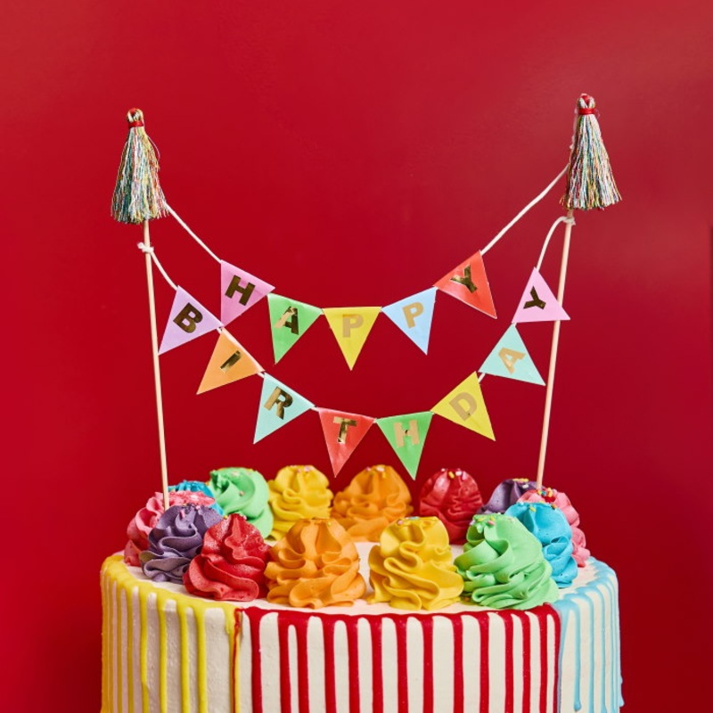 Bright Birthday Cake Topper with Bunting & Tassels 20cm