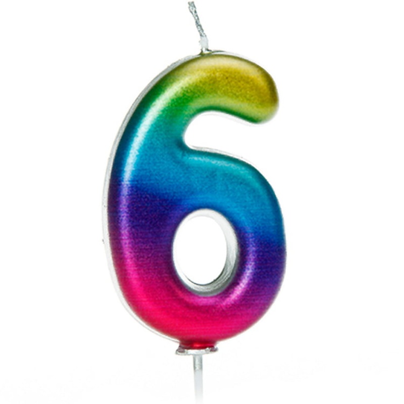 Rainbow Coloured Number 6 Cake Candle