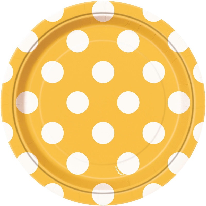 Yellow Polka Dot Paper Plates: 18cm Cake Plates Pack of 8