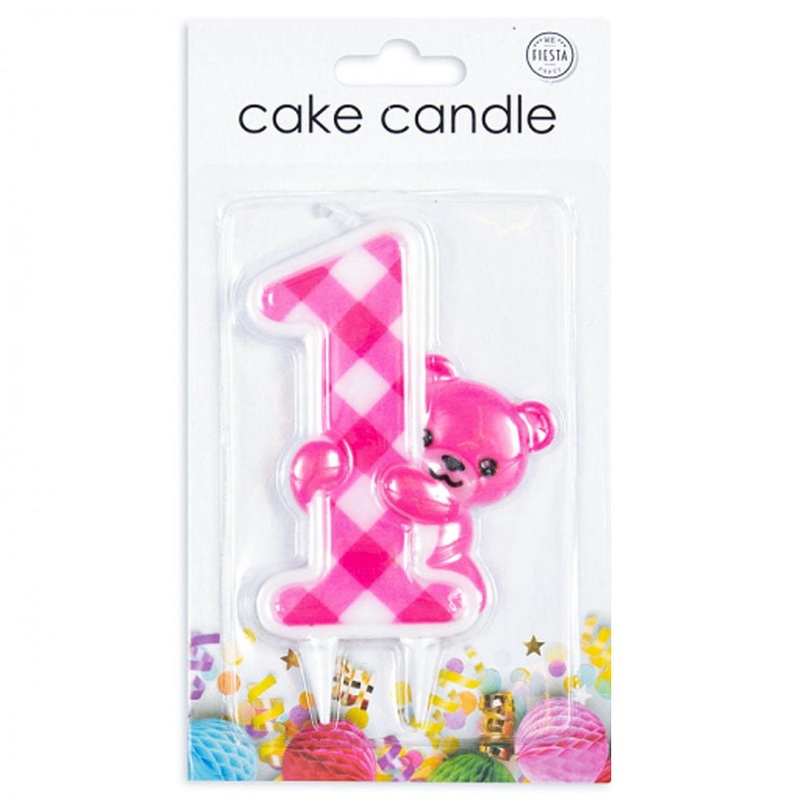 1-Year Bear Cake Candle Pink