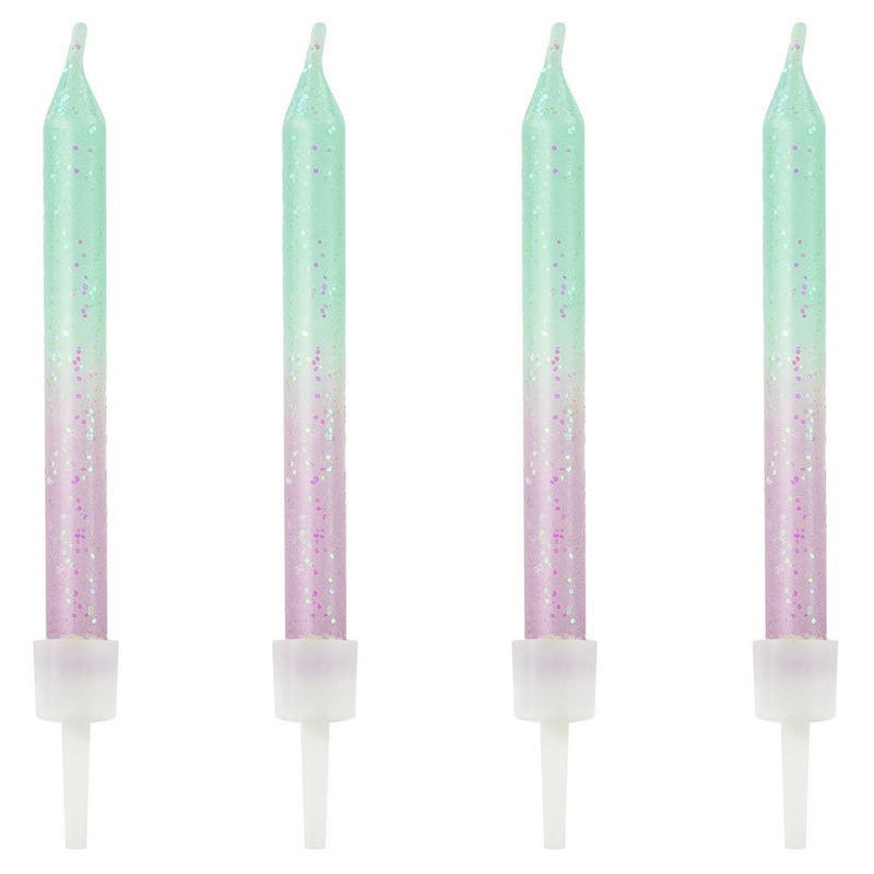 Glittery Cake Candles Mint Green Purple