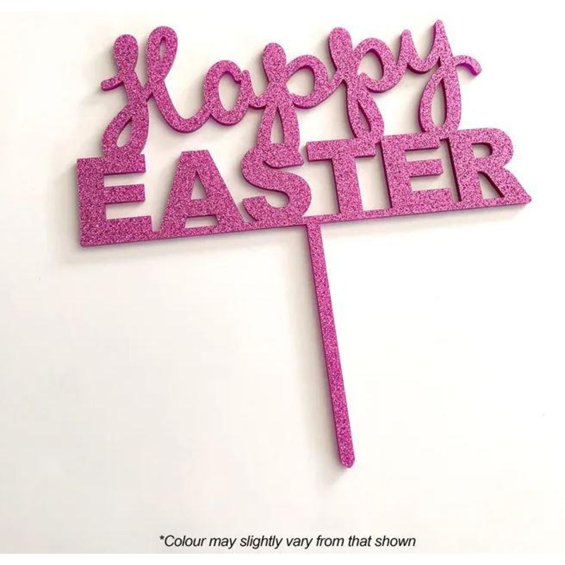Cake Topper Happy Easter Glitter Pink Acrylic 17cm x 8cm