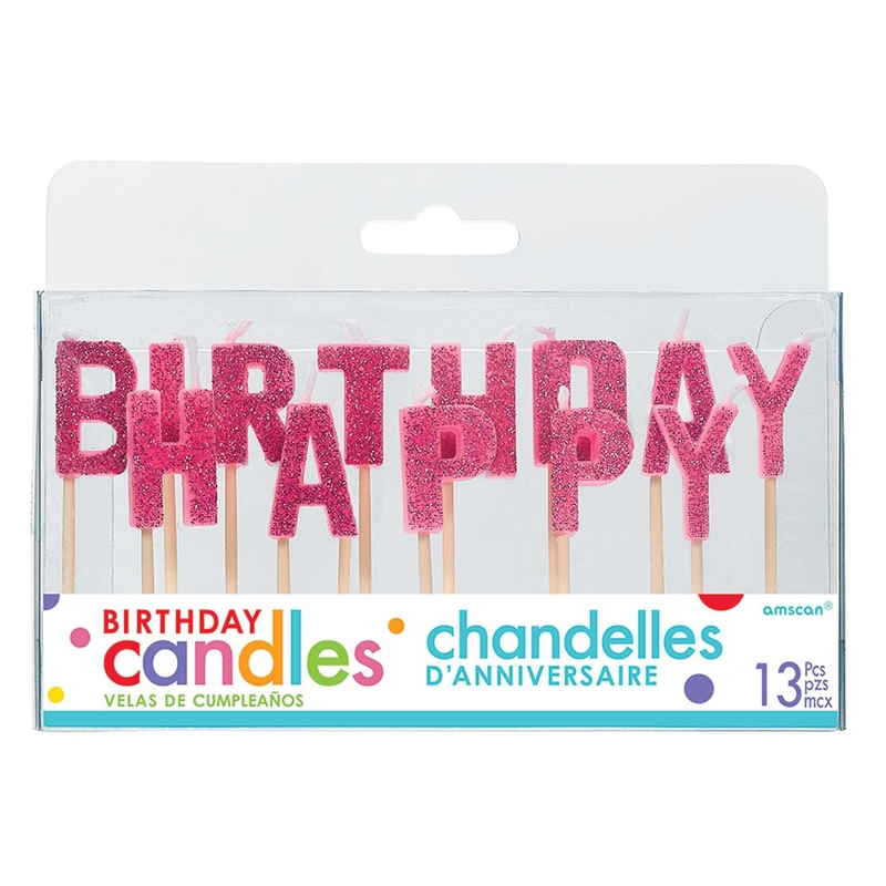 Happy Birthday Pick Cake Candle - Glitter Pink - Pack of 13