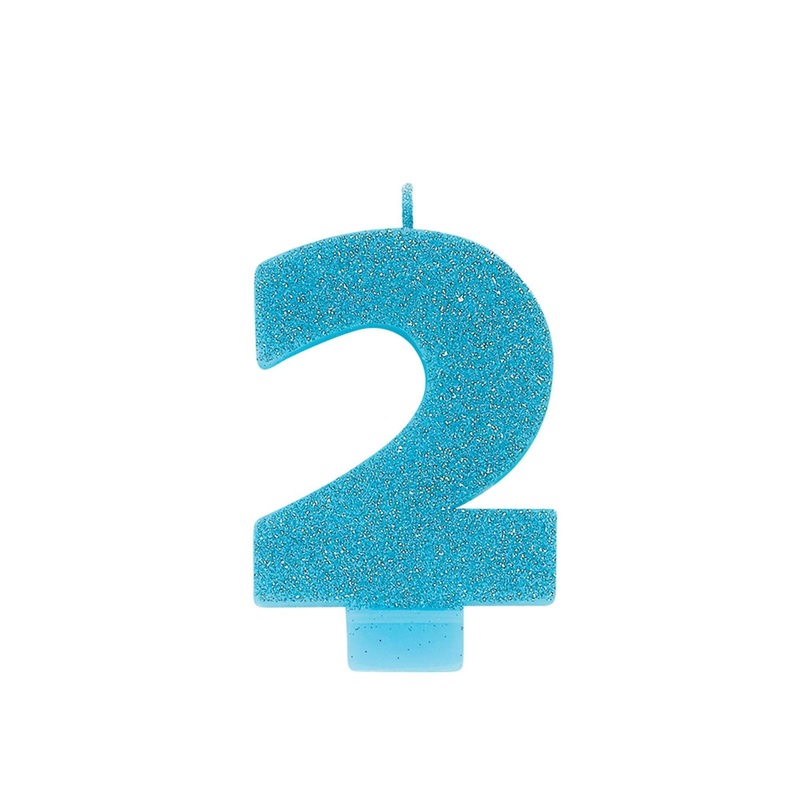 Number "2" Cake Candle Glitter - Caribbean Blue