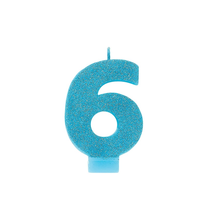 Number "6" Cake Candle Glitter - Caribbean Blue