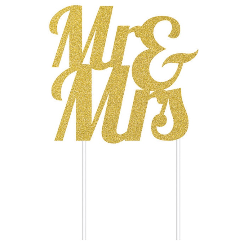 12 pc Bulk Gold Glitter Mr & Mrs Cake Toppers