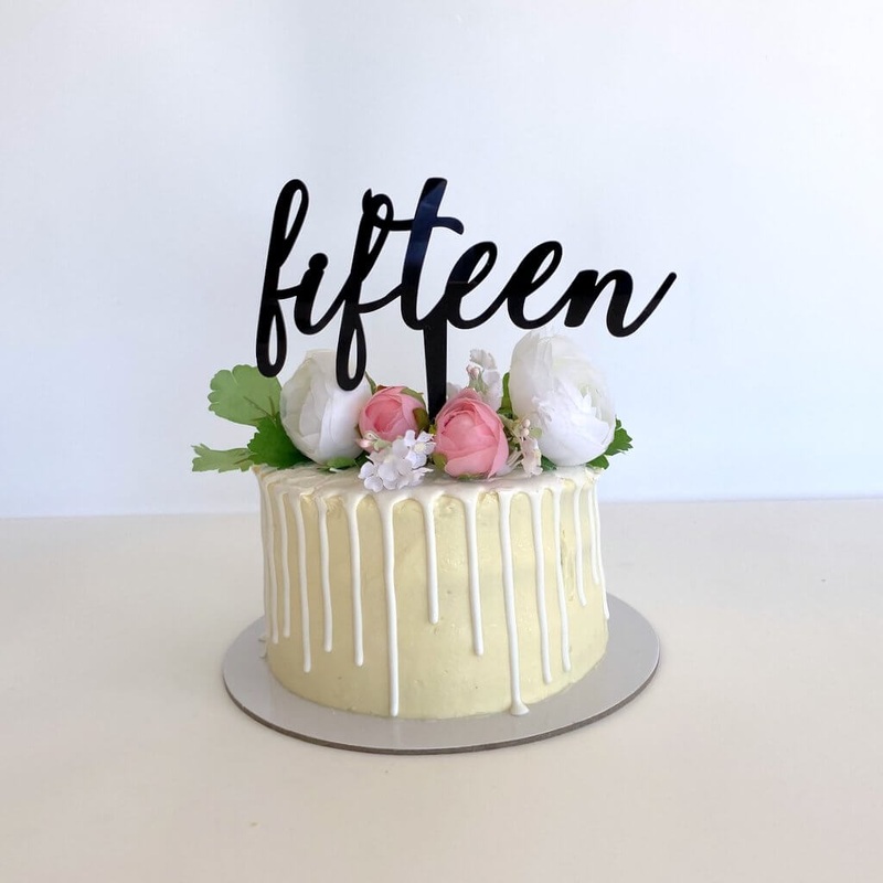 Acrylic Black 'fifteen' 15th Birthday Cake Topper