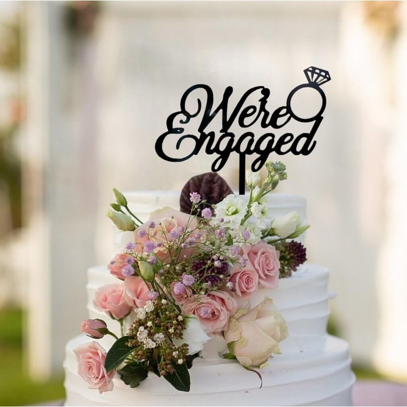 Acrylic Black 'We're Engaged' Diamond Ring Cake Topper