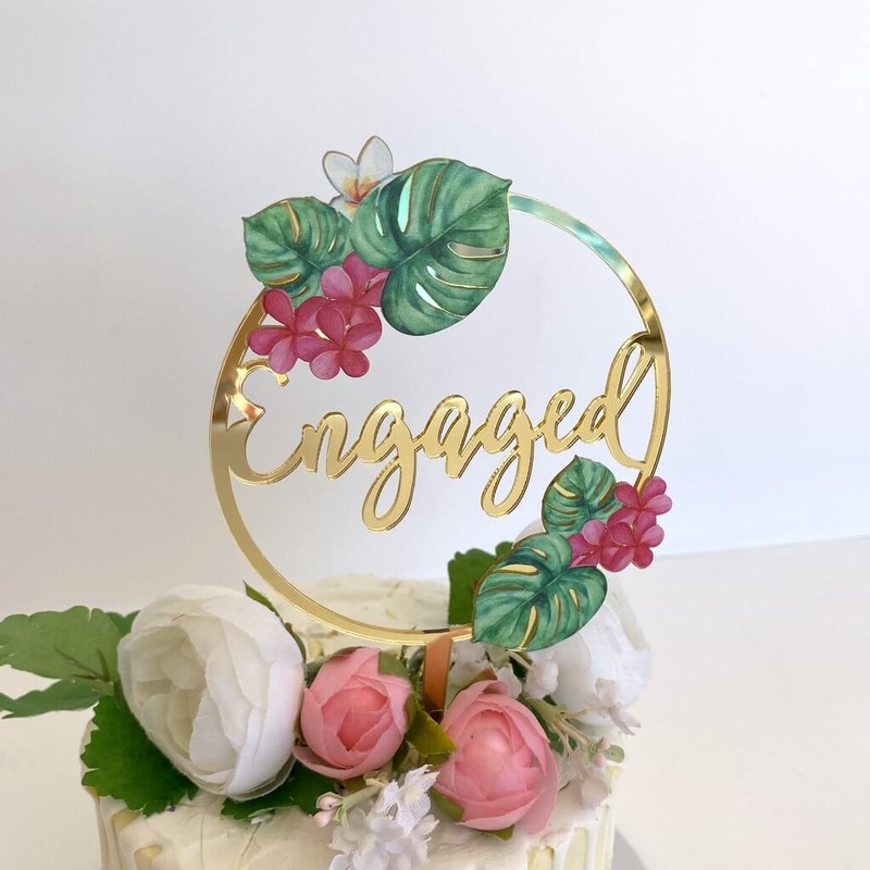 Acrylic Gold Tropical Floral 'Engaged' Loop Cake Topper