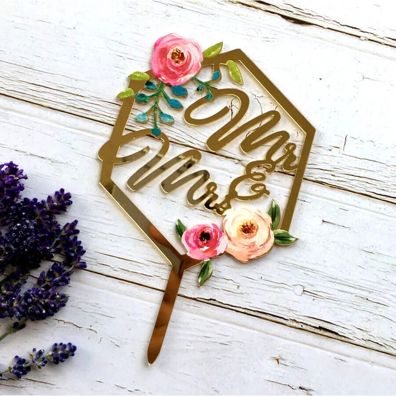 Acrylic 'Mr & Mrs' Floral Hexagon Cake Topper - Gold Mirror