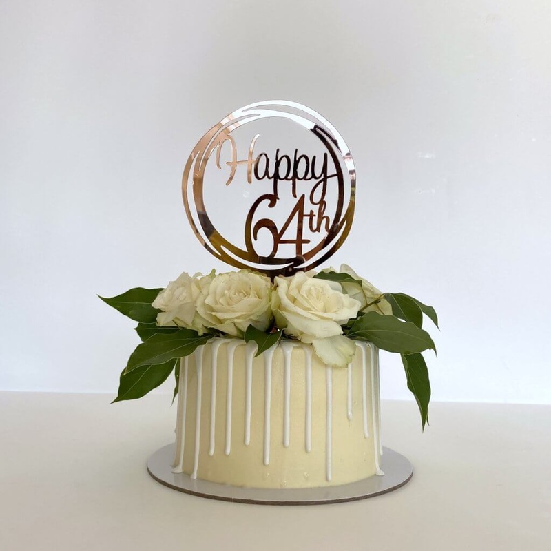 Acrylic Rose Gold Geometric 'Happy 64th' Cake Topper
