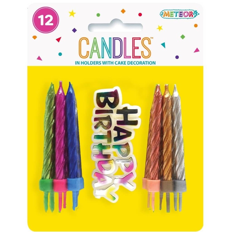 Assorted Metallic Spiral Candles w/ Happy Birthday Cake Decor 12pk