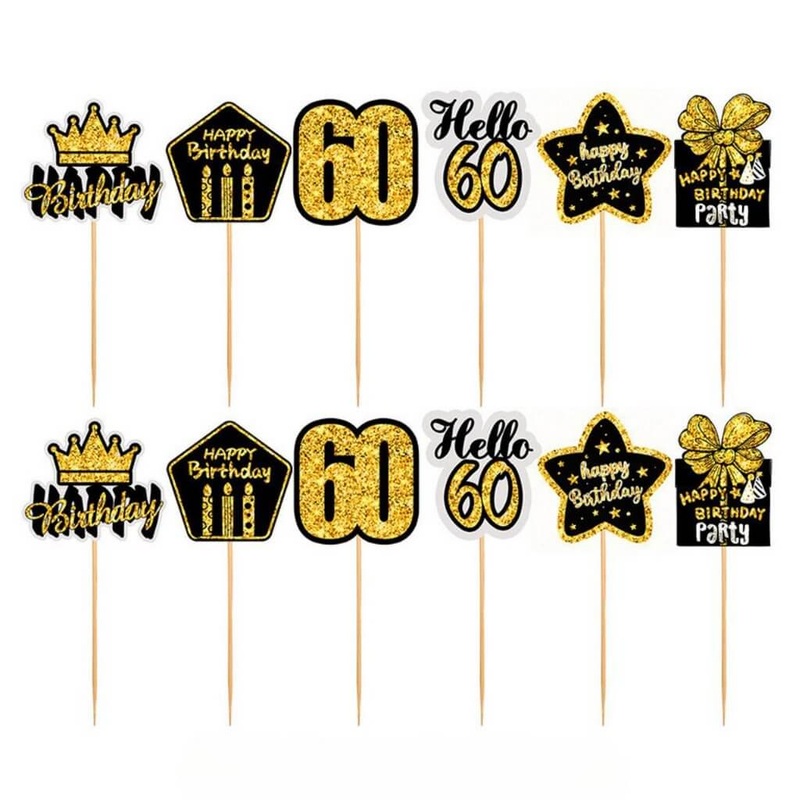 Black & Gold 60th Birthday Cupcake Picks 12pk