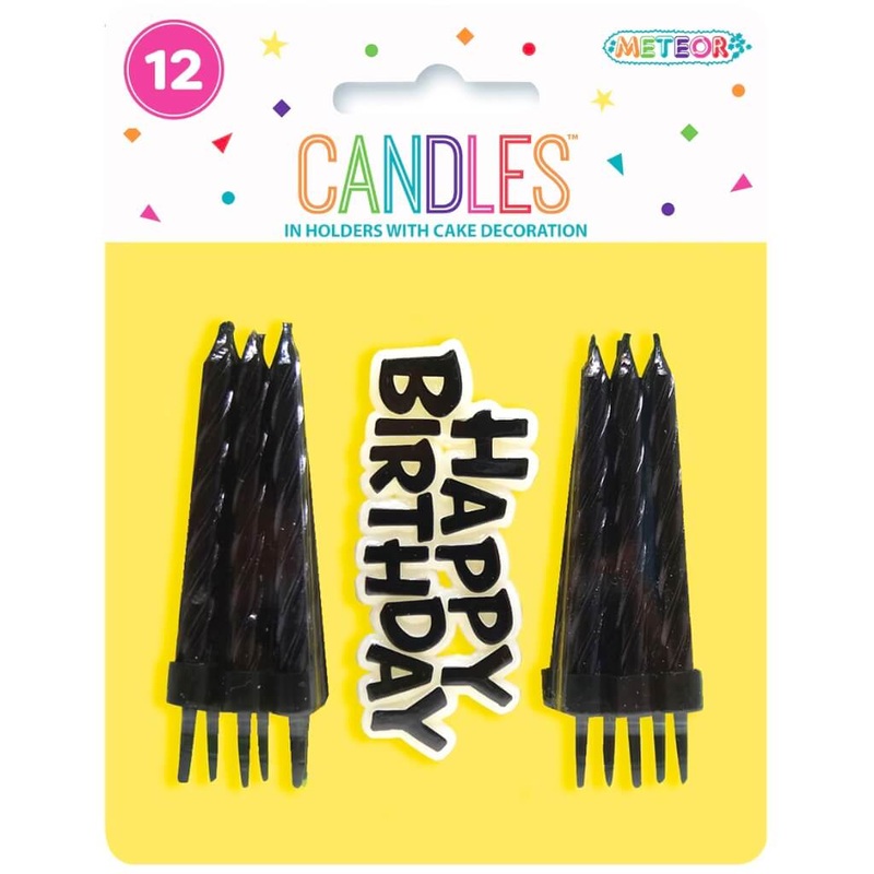 Midnight Black Spiral Candles w/ Happy Birthday Cake Decor 12pk