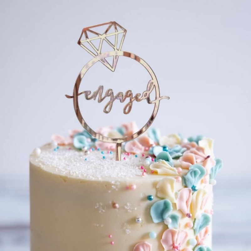 Rose Gold Acrylic 'Engaged' Diamond Ring Cake Topper