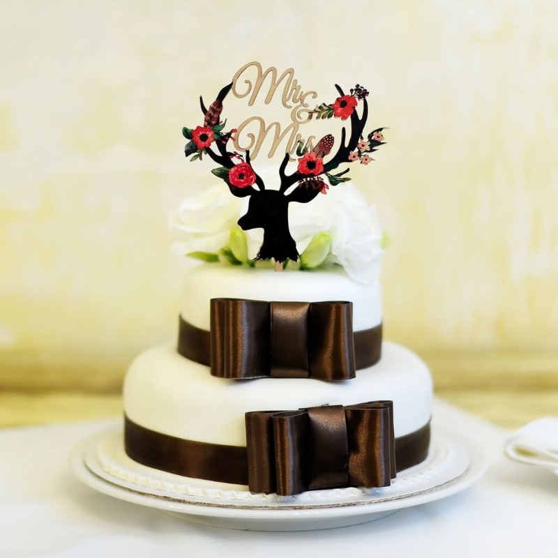Wooden Vintage 'Mr & Mrs' Floral Antler Cake Topper