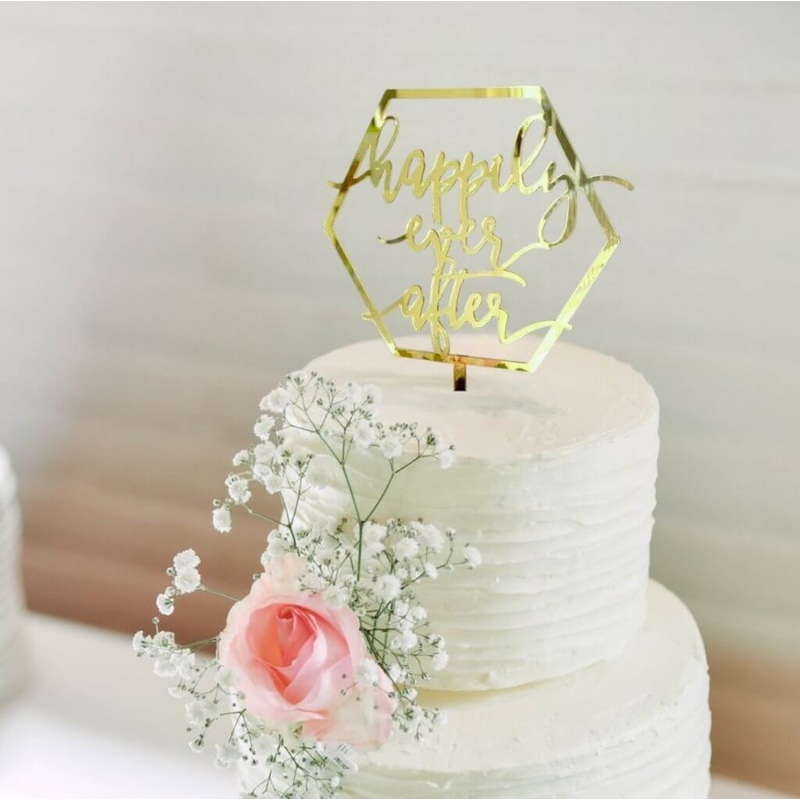 Acrylic Gold Hexagon 'Happily Ever After' Cake Topper
