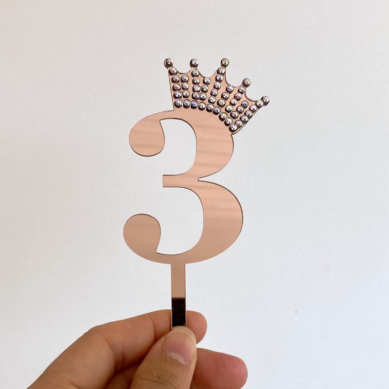 Acrylic Rose Gold Age 3 Rhinestone Crown Cupcake Topper