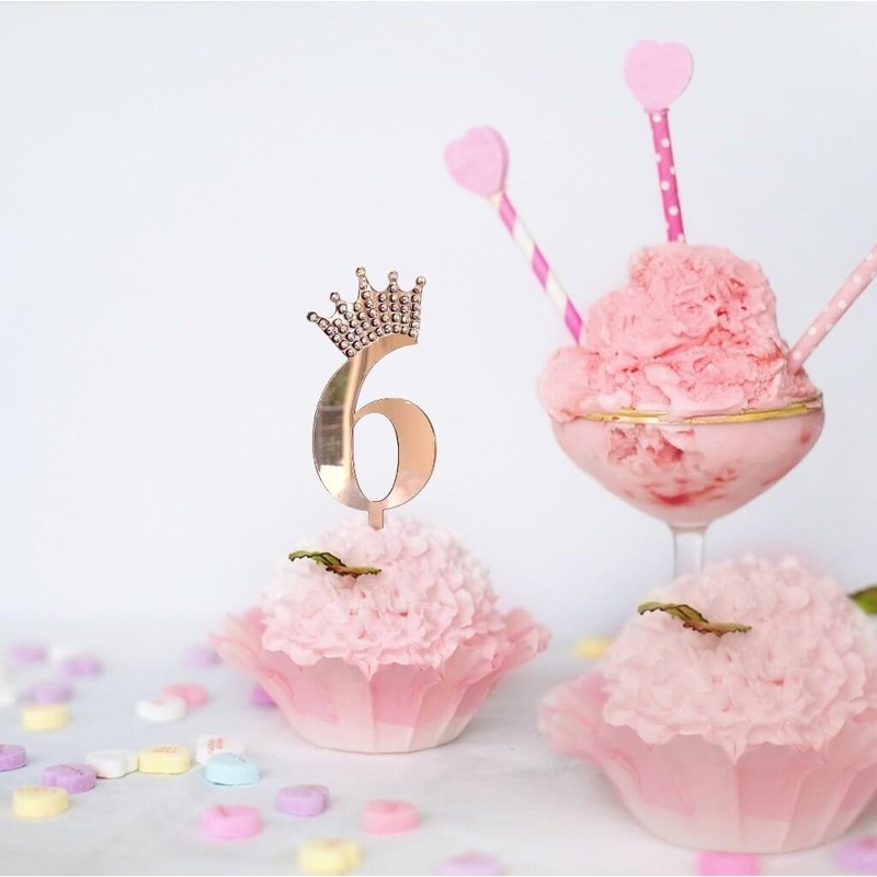 Acrylic Rose Gold Age 6 Rhinestone Crown Cupcake Topper