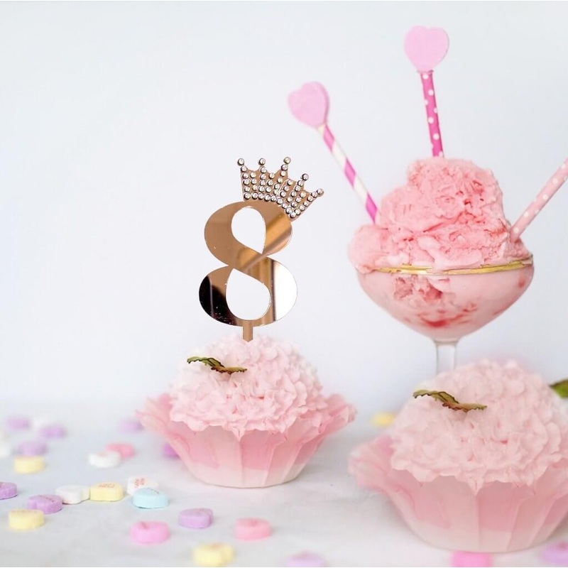 Acrylic Rose Gold Age 8 Rhinestone Crown Cupcake Topper
