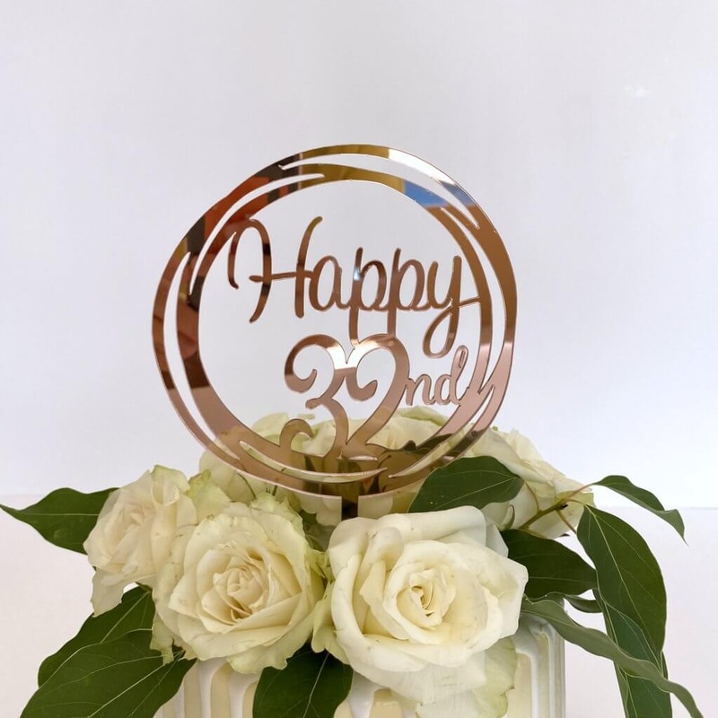 Acrylic Rose Gold Geometric 'Happy 32nd' Cake Topper