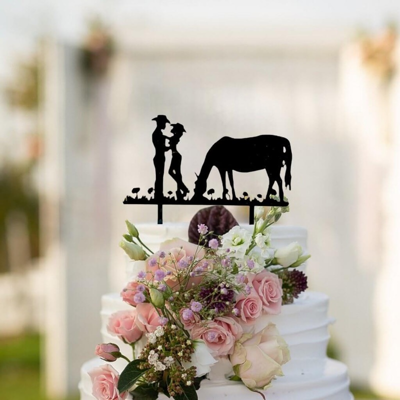 Black Acrylic Silhouette Cowboy Cowgirl with Horse Cake Topper