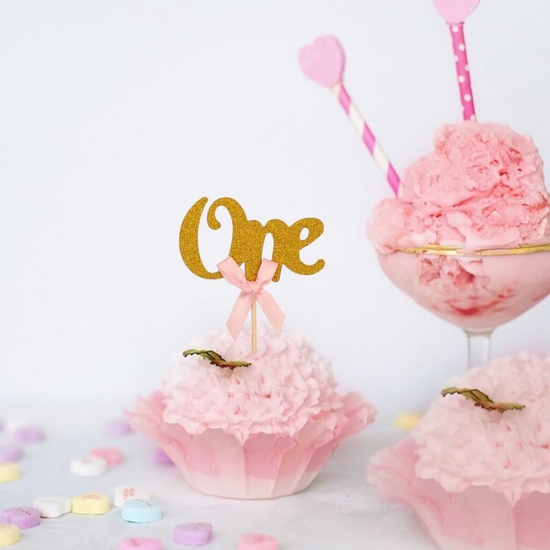 Gold Glitter Age One Pink Ribbon Cupcake Picks 6pk
