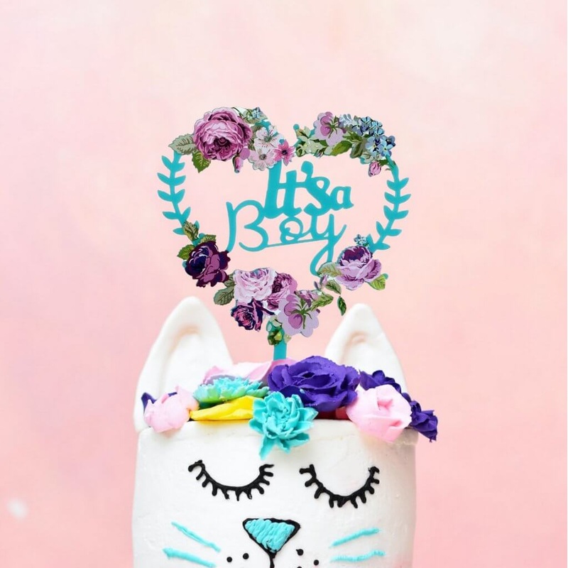 Matte Blue Acrylic 'It's a Boy' Floral Heart Wreath Cake Topper