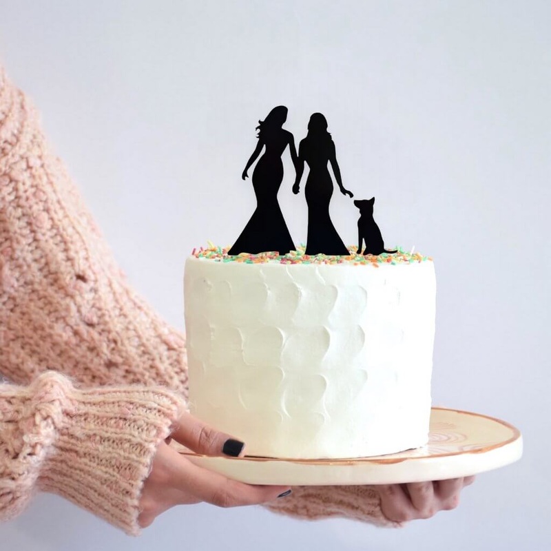 Silhouette Two Brides Holding Hand & Dog Cake Topper