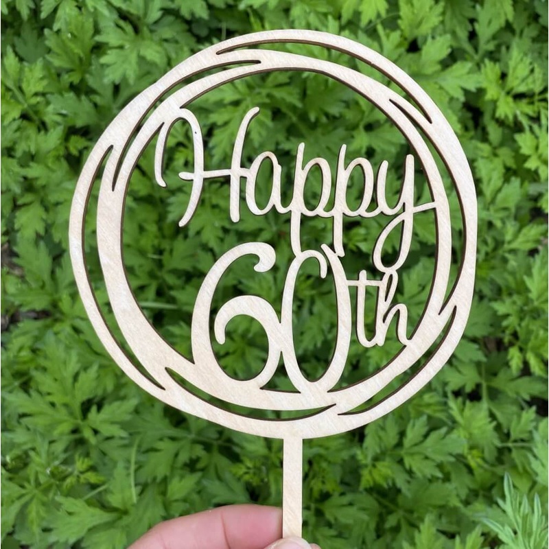 Wooden Geometric 'Happy 60th' Cake Topper