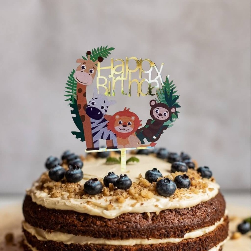 Acrylic Gold 'Happy Birthday' Jungle Animal Cake Topper