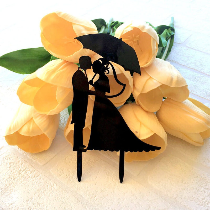 Silhouette Bride and Groom Holding Umbrella Wedding Cake Topper