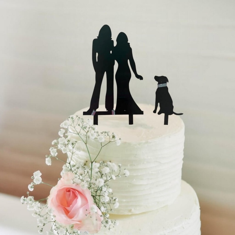 Silhouette Two Brides Holding Hand & A Dog Cake Topper