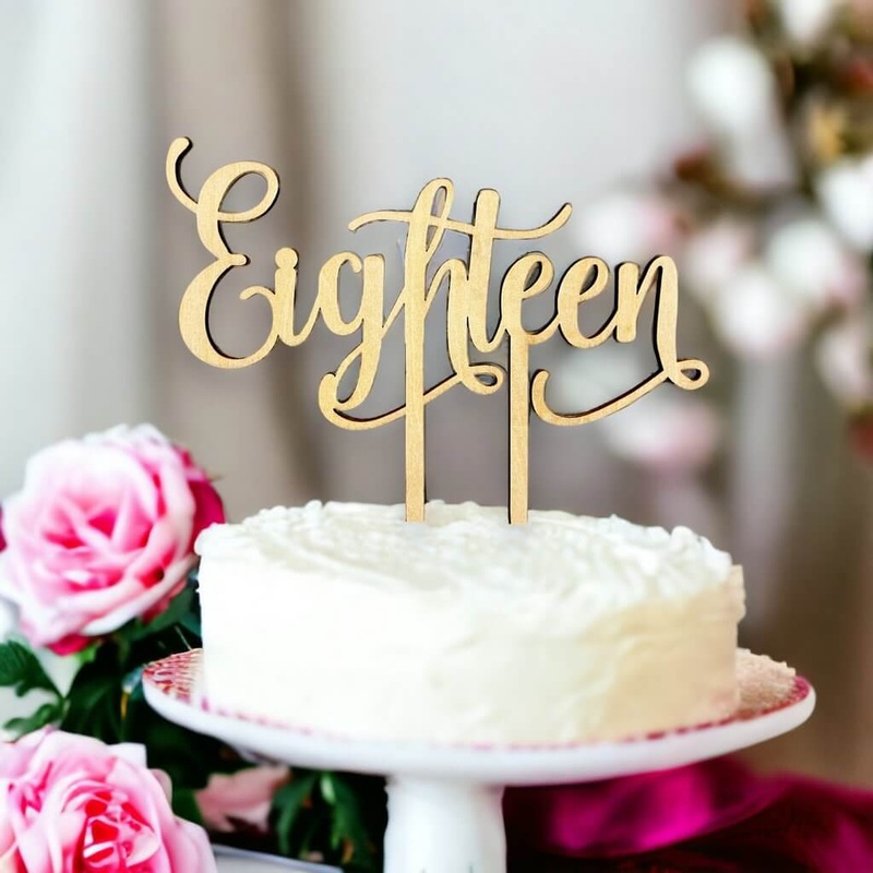 Wooden 'Eighteen' Script Birthday Cake Topper