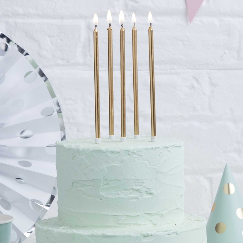 Gold Tall Birthday Cake Candles x 12